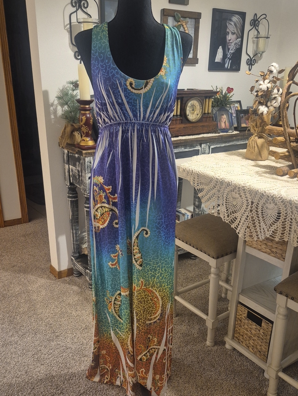 Sam & Max Blue Green Orange Paisley Gradient Maxi Dress